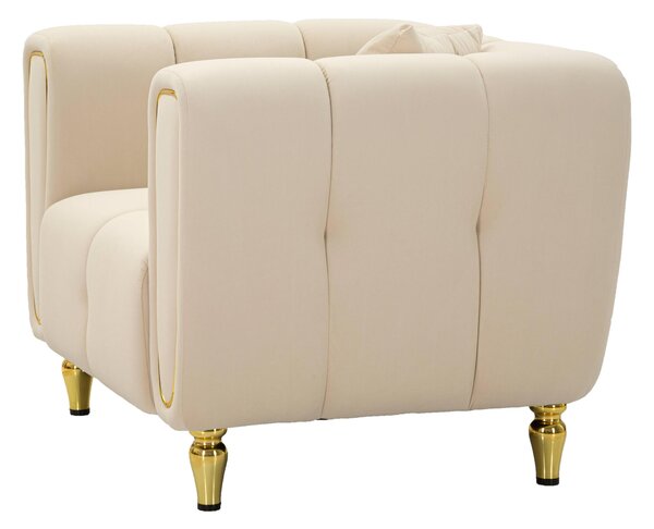 Poltrona crema con gambe dorate da assemblare, rivestito in velluto trapuntato ALMA CREAM Dimensioni 97x81xh 71 cm con cuscino colore Crema