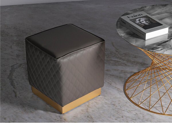 Pouf QUADRATO Grey trapuntato in Simil pelle con base oro SHARON Dimensioni 35x35x h38 cm, Rivestimento simil Grigio