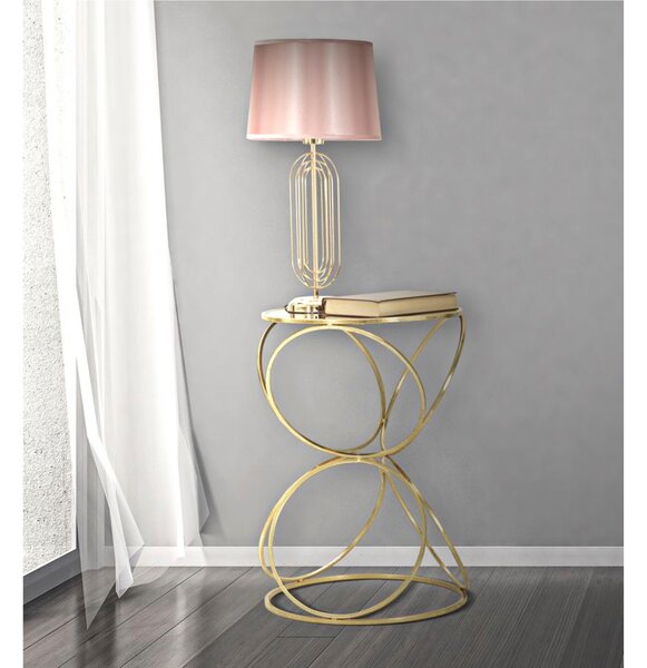 Lampada da tavolo in stile glam in metallo Dorato KRISTA Dimensioni � 28xh 55 cm in metallo decori metallici concentrici paralume in tessuto Rosa