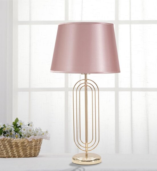 Lampada da tavolo in stile glam in metallo Dorato KRISTA Dimensioni � 33xh 64 cm in metallo decori metallici concentrici paralume in tessuto Rosa