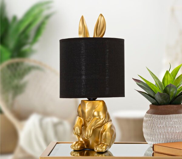 Lampada da tavolo a forma di coniglio dorato RABBIT Dimensioni � 32xh 61 cm in metallo dorato paralume in tessuto Nero