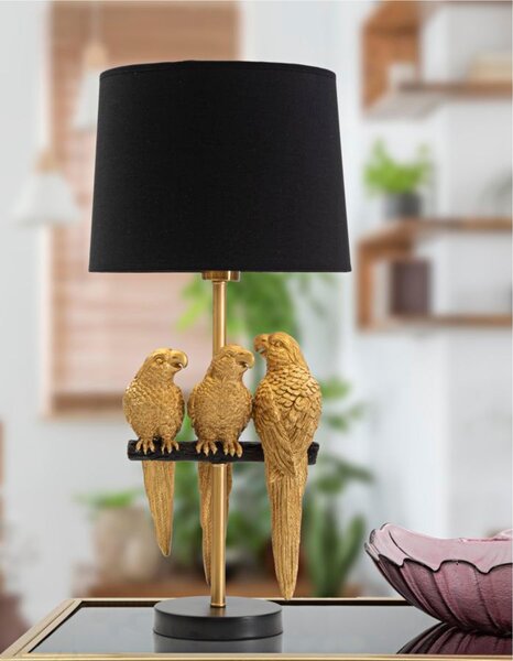 Lampada da tavolo in metallo nero con Pappagalli PARROTS dorato Dimensioni � 30xh 62,5 cm in metallo dorato paralume in tessuto Nero