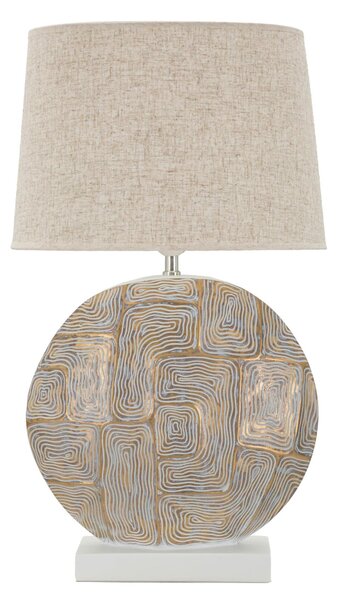 Lampada da tavolo, in resina con eleganti decorazioni geometriche in rilievo TOWER Dimensioni 38xh 64 cm in resina e paralume in tessuto beige