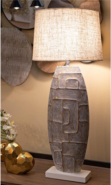 Lampada da Terra in resina con eleganti decorazioni geometriche in rilievo TOWER Dimensioni 38xh 90 cm in resina e paralume in tessuto beige