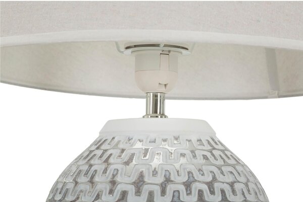 Lampada da tavolo in resina con eleganti decorazioni geometriche in rilievo Dimensioni 35xh 65 cm in resina e paralume in tessuto bianco