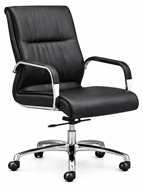 Poltrona da ufficio ergonomica, rivestita in ecopelle nera e con struttura in cromo