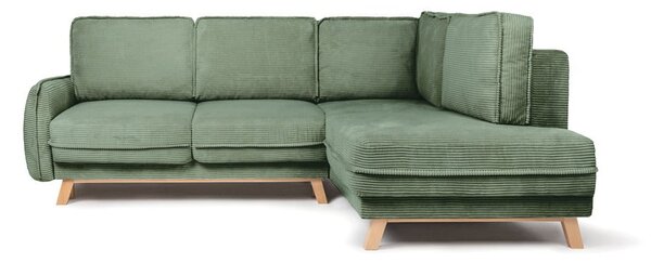 Divano angolare in verde chiaro allungabile (con penisola a destra) con rivestimento in velluto a coste Tori – Bonami Selection
