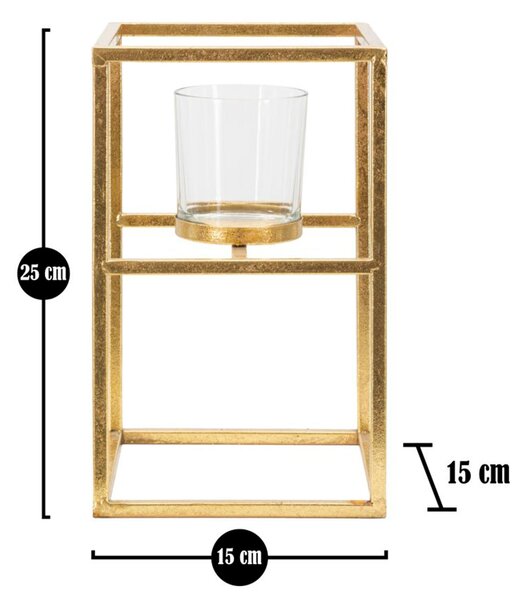 Porta candele in Metallo dorato con bicchierino in vetro 15x15x h25 cm struttura e candele design geometrico colore oro