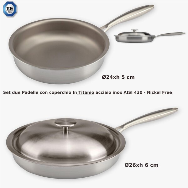 SET Padelle In Titanio al 100x100 TRITANIA ZERO-TOXIC, Zero Nickel superficie di cottura in titanio massiccio diametro 26-24 cm con coperchio incluso