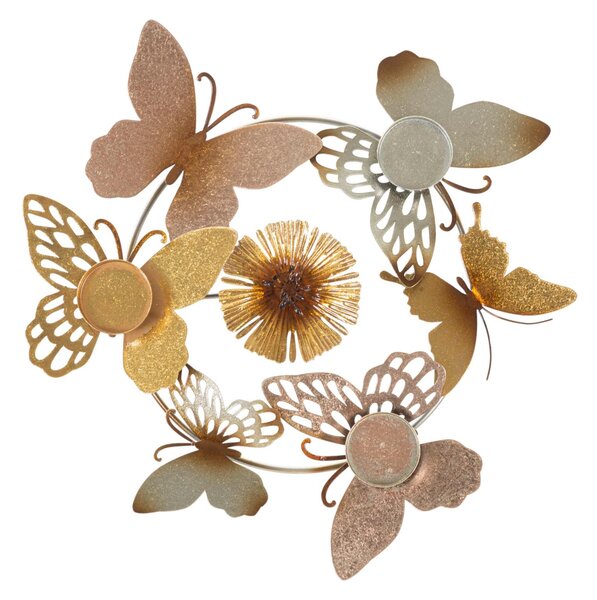 Porta candele rotondo da tavolo composto da fiori e farfalle multicolori 39x35xh 7 cm struttura e 3 candele colore oro