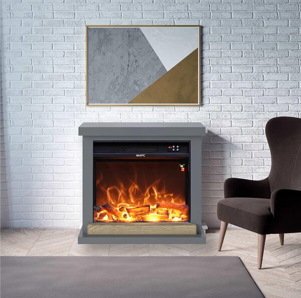 Camino Sorano Caminetto Da Parete Con Cornice e Bruciatore Elettrico Da 1500W Dimensioni 75x24,5xh 67,8 cm Peso 24.8 kg Grigio Scuro