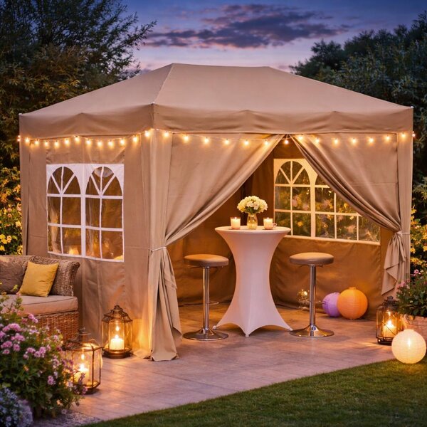Gazebo pieghevole 2 x 3 m marrone-beige, 4 pareti laterali con chiusura a velcro (2 cerniere, 2 finestre), gazebo pop-up pieghevole, con borsa per il trasporto