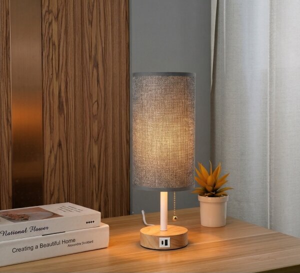 Brilagi - Lampada da tavolo con porta USB TABLON 1xE27/25W/230V rovere/bianco/grigio