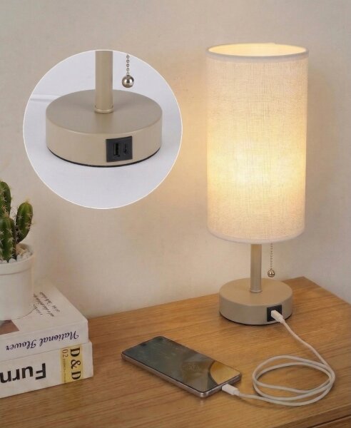 Brilagi - Lampada da tavolo con porta USB TABLON 1xE27/25W/230V beige/bianco