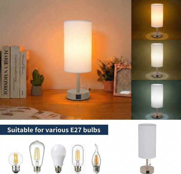 Brilagi - Lampada da tavolo con porta USB TABLON 1xE27/25W/230V beige/bianco