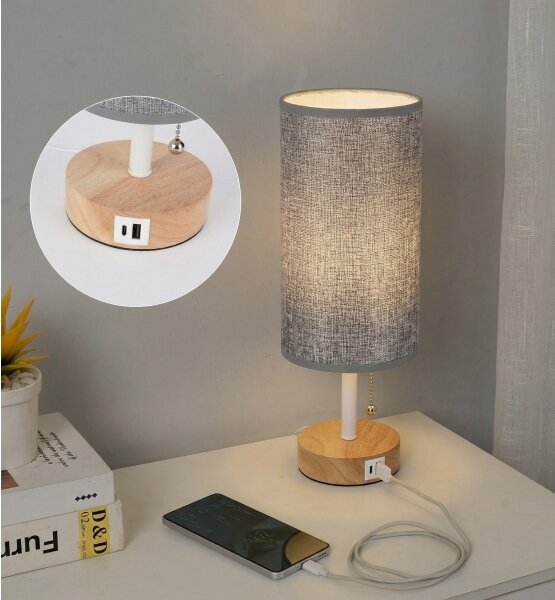 Brilagi - Lampada da tavolo con porta USB TABLON 1xE27/25W/230V rovere/bianco/grigio