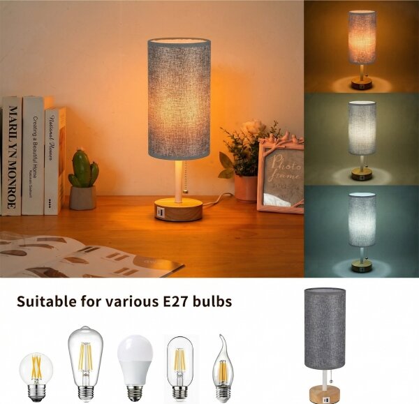 Brilagi - Lampada da tavolo con porta USB TABLON 1xE27/25W/230V rovere/bianco/grigio