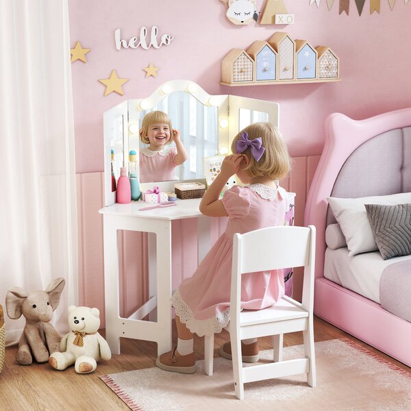 AIYAPLAY Set toeletta e sgabello per bambini, con luci LED bicolore, specchio triplo richiudibile, Bianco | Aosom Italy