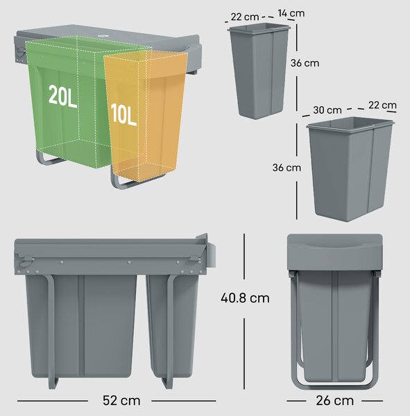 HOMCOM Cestino sotto lavello con 2 contenitori per riciclaggio estraibili da 20L+10L Grigio | Aosom Italy