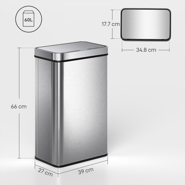 HOMCOM Cestino con sensore 60 L, coperchio automatico, acciaio inox, versatile, colore argento | Aosom Italy