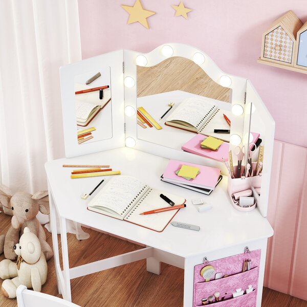 AIYAPLAY Set toeletta e sgabello per bambini, con luci LED bicolore, specchio triplo richiudibile, Bianco | Aosom Italy