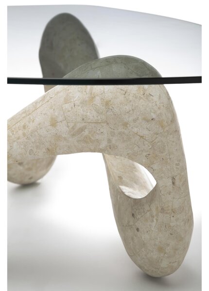 Tavolino Tetris Stone Decor E5 100x100xH42.5 cm, Vetro Trasparente, Gambe Beige in Pietra Fossile White Agata