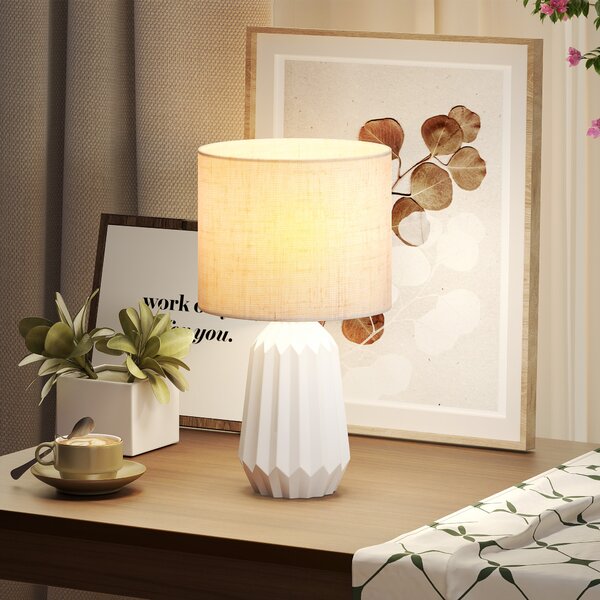 HOMCOM Lampada da Tavolo con Base in Ceramica e Paralume in Lino Stile Retrò per Camera 40W Bianco e Beige | Aosom Italy