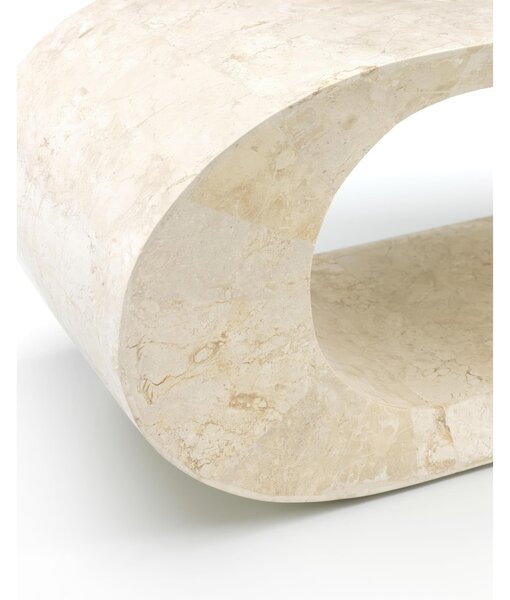 Tavolino Porta TV Tito, Linea Stone Decor E5, 130x35x35h cm, Finitura Beige, Base in Pietra Fossile White Agata, Struttura Interna in Compensato Marino