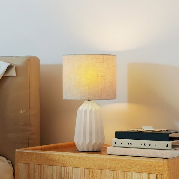HOMCOM Lampada da Tavolo con Base in Ceramica e Paralume in Lino Stile Retrò per Camera 40W Bianco e Beige | Aosom Italy