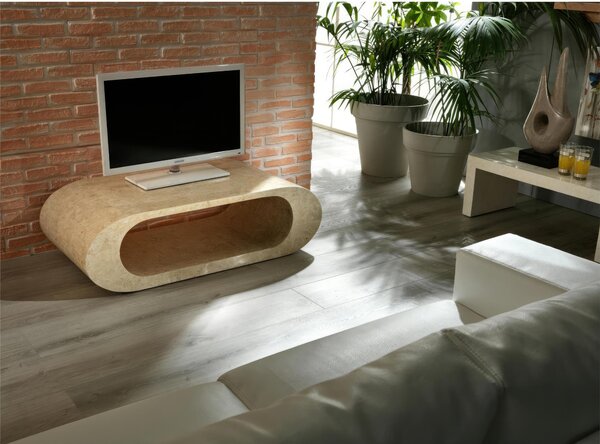 Tavolino Sandu Stone Decor E5 120x62xH35 cm, Finitura Beige, Base in Pietra Fossile White Agata, Struttura Interna in Compensato Marino