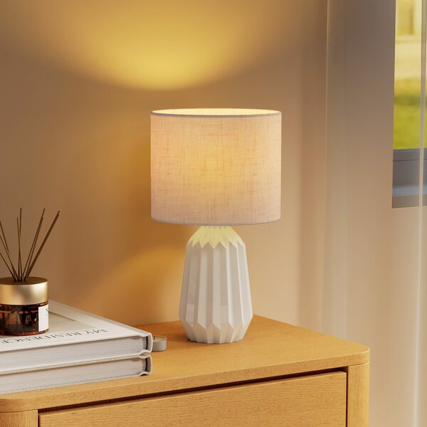 HOMCOM Lampada da Tavolo con Base in Ceramica e Paralume in Lino Stile Retrò per Camera 40W Bianco e Beige | Aosom Italy