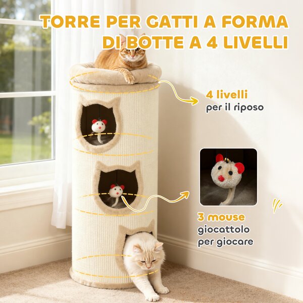 PawHut Torre Tiragraffi per Gatti Alta 96 cm con 3 Casette e Lettino Superiore Rimovibile e Lavabile, Crema | Aosom Italy