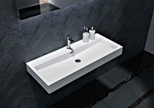 Lavabo da appoggio a muro BS6002 - Marmo fuso - Bianco - Angolare, larghezza lavabo: 100 cm - con foro per la rubinetteria