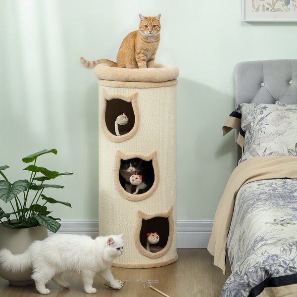 PawHut Torre Tiragraffi per Gatti Alta 96 cm con 3 Casette e Lettino Superiore Rimovibile e Lavabile, Crema | Aosom Italy