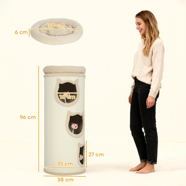 PawHut Torre Tiragraffi per Gatti Alta 96 cm con 3 Casette e Lettino Superiore Rimovibile e Lavabile, Crema | Aosom Italy