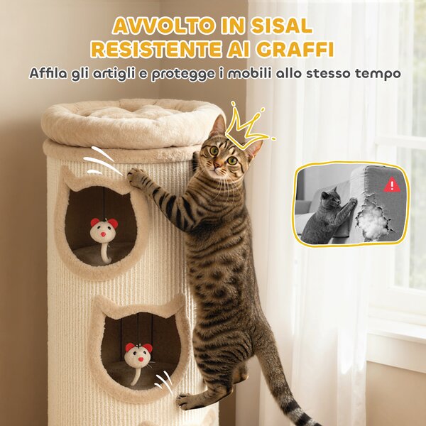 PawHut Torre Tiragraffi per Gatti Alta 96 cm con 3 Casette e Lettino Superiore Rimovibile e Lavabile, Crema | Aosom Italy