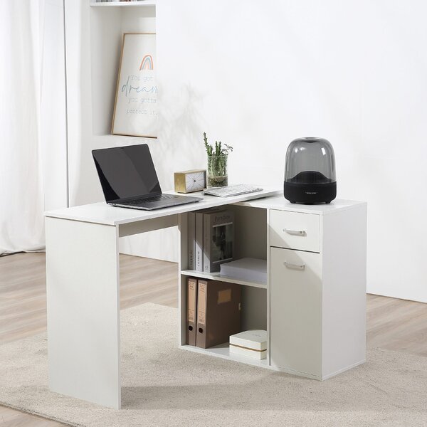 HOMCOM Scrivania angolare girevole 180°, con libreria, cassetto e armadietto, 117x82x74cm, Bianco | Aosom Italy