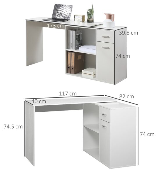 HOMCOM Scrivania angolare girevole 180°, con libreria, cassetto e armadietto, 117x82x74cm, Bianco | Aosom Italy