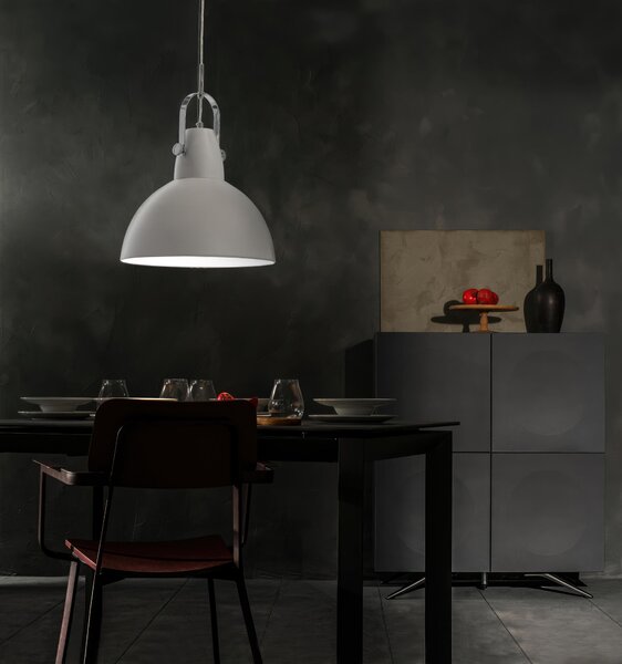 Lampada a Sospensione Kande Design Twist 38x38xH165 cm, Paralume Bianco Opaco, Cavo Grigio, Rosone Bianco Opaco, Materiali Metallo e Acciaio