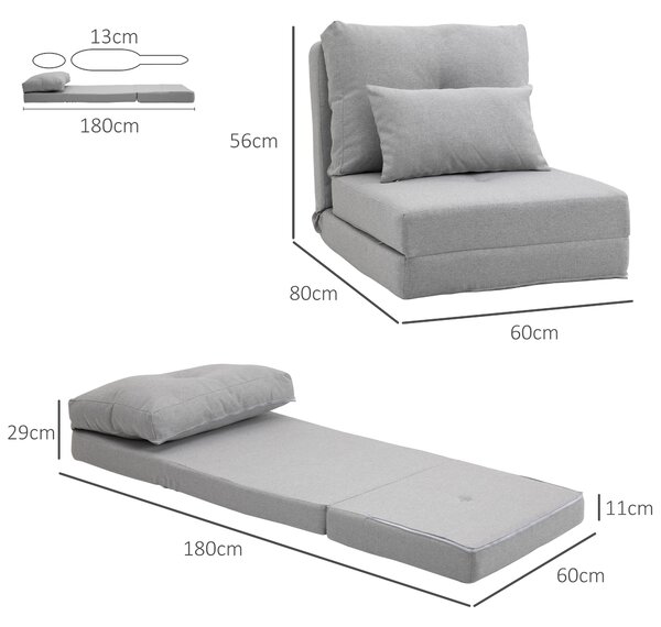 Divano Letto Pieghevole 3 In 1 HOMCOM - Chaise Longue, Poltrona E Letto Singolo Con 2 Cuscini. Schienale Regolabile 5 Posizioni, Rivestimento Lino. Grigio Chiaro