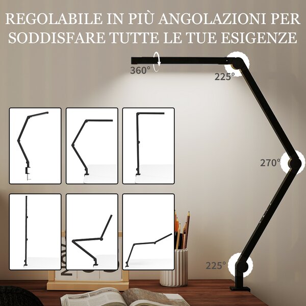 HOMCOM Lampada da Scrivania a LED Dimmerabile con Morsetto, Braccio Regolabile e 2 Colori di Luce, Nero | Aosom Italy