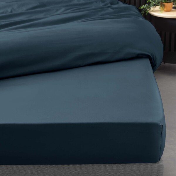 Lenzuolo in percalle di cotone elasticizzato blu scuro 160x200 cm Percaline - douceur d'intérieur