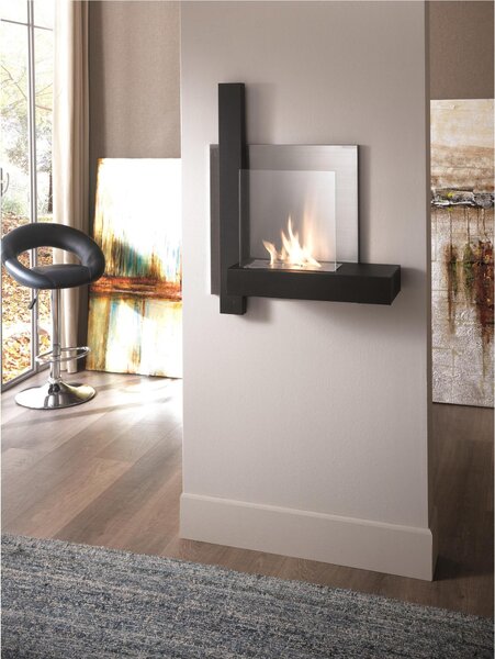 Biocamino da Parete CHASSIS struttura in metallo verniciato e vetro temperato 72x262xh 63 cm - peso 10kg Riscalda 20 MQ Potenza 2 Kw/h colore nero