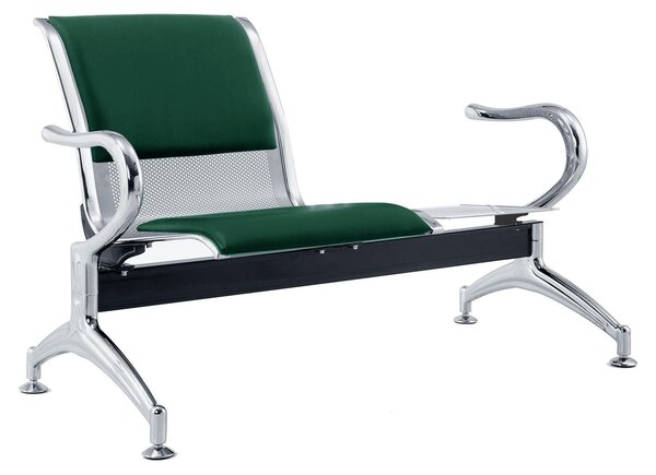 Panca per Sala Attesa 1 Posto da Ufficio con Cuscino e Tavolino in Acciaio e Pelle finta Argento/Verde