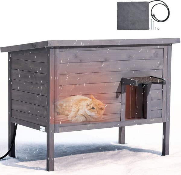 Casetta per gatti da esterno - Rifugio in legno per gatti - Resistente all'inverno e isolato - Cuscinetto riscaldato da 30 W - Porta a battente in PVC - Tetto in asfalto - Dimensioni 87 x 53,5 x 69 cm - Per 1-3 gatti