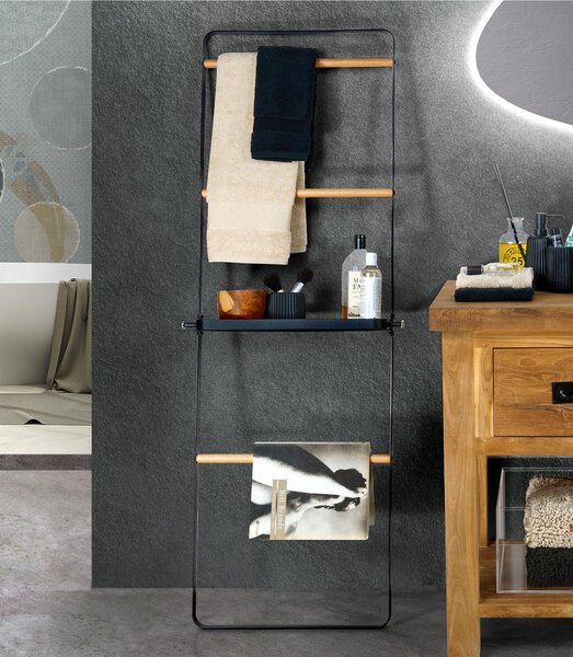 Scala in metallo satinato nero con 3 pioli in legno naturale e mensola metallo con ganci porta salviette Dimensioni 47x14x h 150 cm Bib� Legno