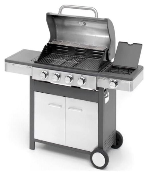 Ompagrill Barbecue a gas Indianapolis 5/B, con 4 bruciatori in acciaio inossidabile, fornello laterale e griglia in ghisa smaltata, dimensioni 133x58 cm