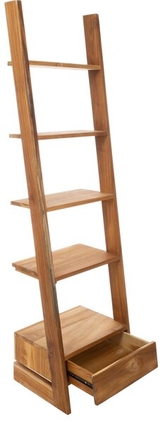 Scala porta tutto con 5 ripiani e cassetto di base in Teak naturale di recupero trattato Dimensioni 50x40x h 180 cm Comoda Legno