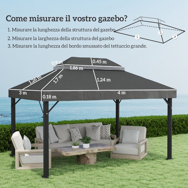 Outsunny Copertura per Gazebo da Giardino 3x4 m a 2 Livelli in Tessuto Oxford 600D con Fori di Drenaggio, Grigio Scuro | Aosom Italy