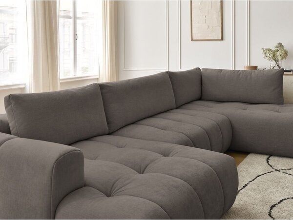 Divano angolare grigio tortora allungabile e con contenitore (penisola a destra/a U) con rivestimento in ciniglia Fuji – Bobochic Paris